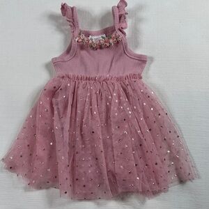 Just Lizzy Pink Tulle Ruffle Dress with Gold Dot Sparkle